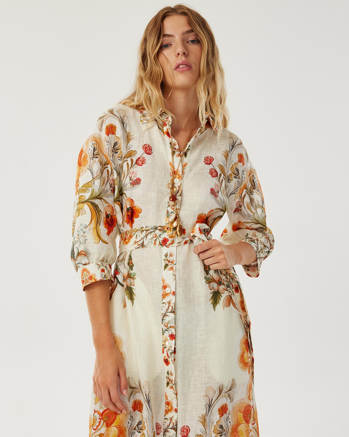 Bianca Linen Maxi Dress - Sun Fire Garden - Cream