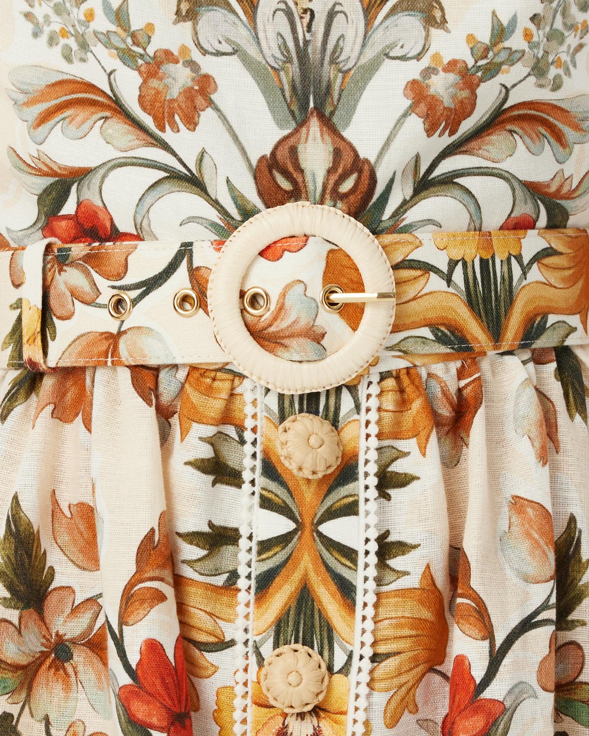 Petra Linen Midi Dress - Sun Fire Garden - Cream