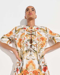 Calista Linen Dress - Sun Fire Garden - Cream